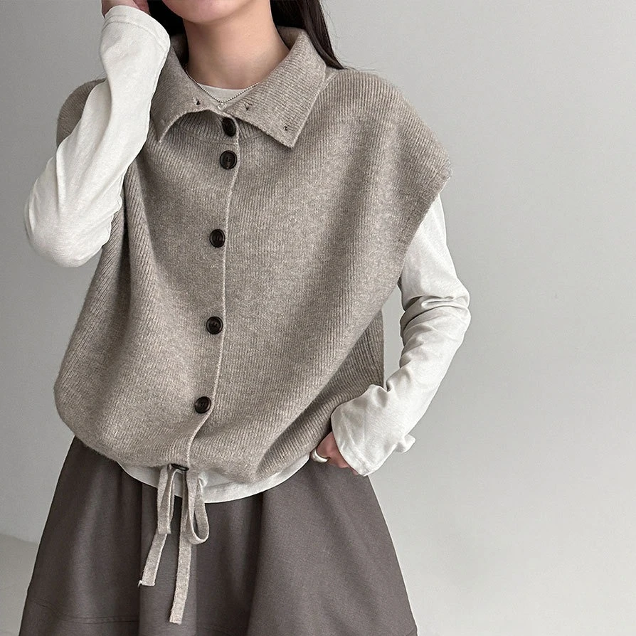 Women Knitted Vest Sweaters Solid Jumpers Drawstring Turtleneck Sleeveless Single Breasted Loose Fit Casual Office 2026 Spring