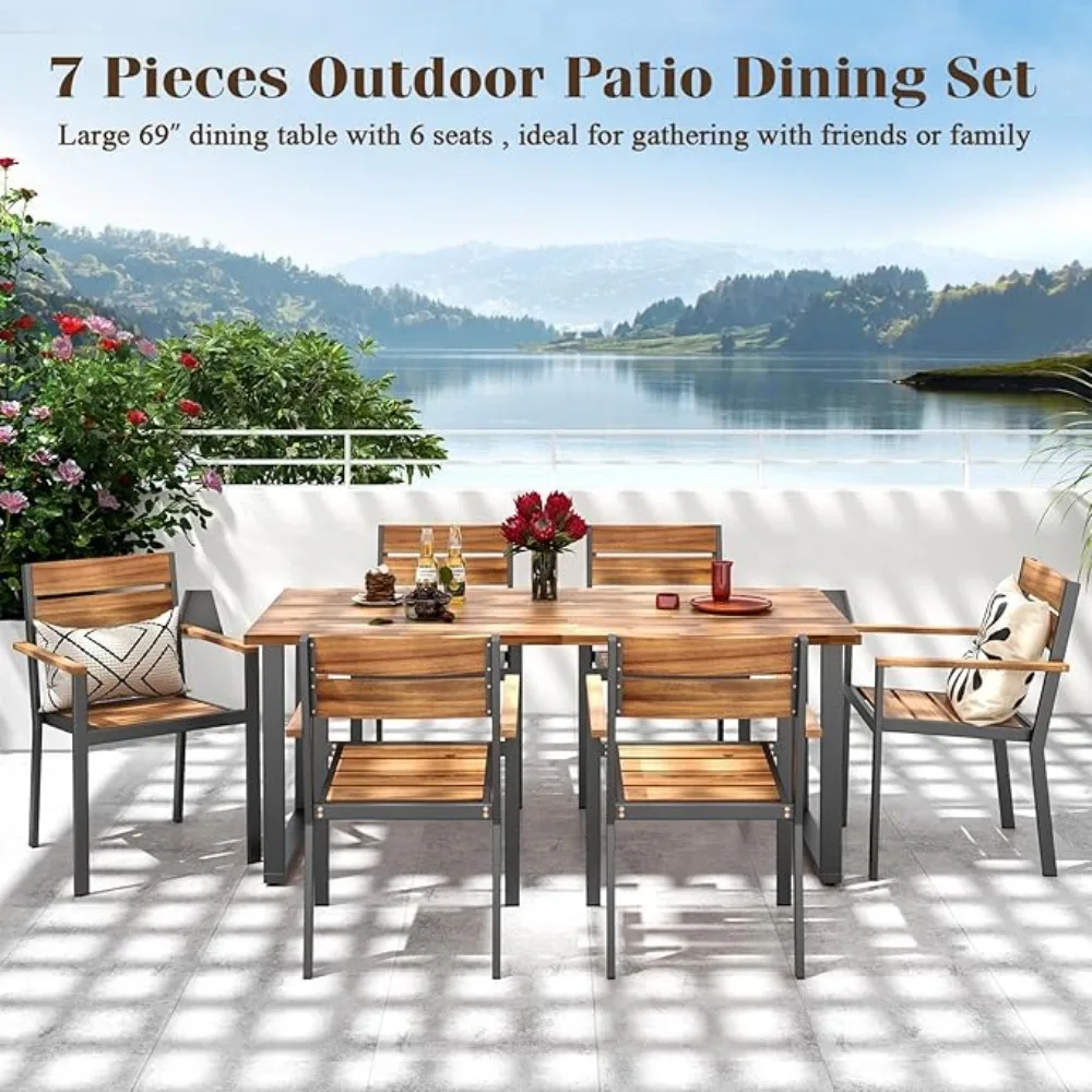 7 Pieces Patented Wood Patio Dining Set with Umbrella Hole, 6 Heavy Duty Acacia Armrest Chairs and Rectangle Table Set