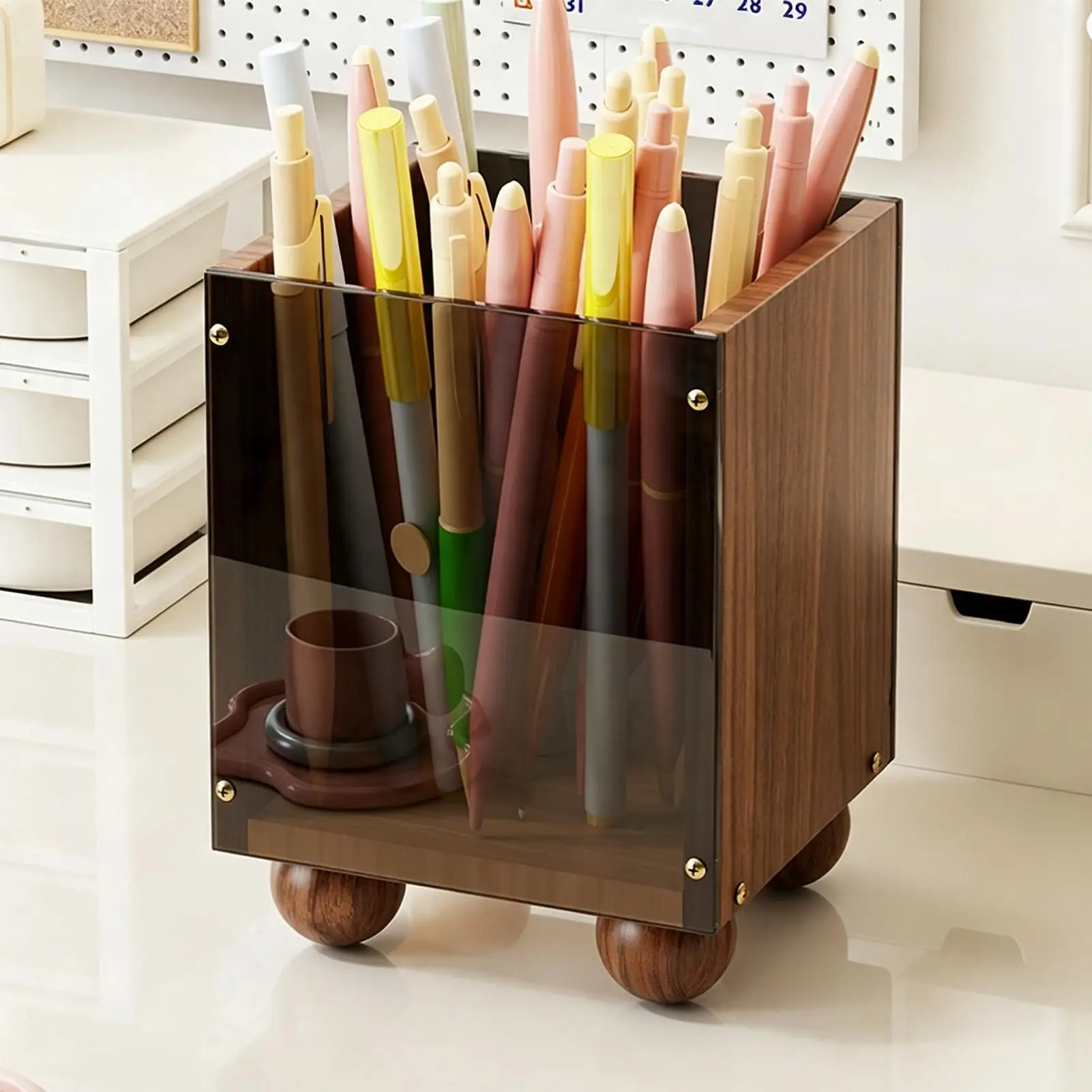 Desk Pen Holder Wooden Large Capacity Shelf Storage Bins Desk Organizer For Classroom School Teacher College Dorm Home Bathroom