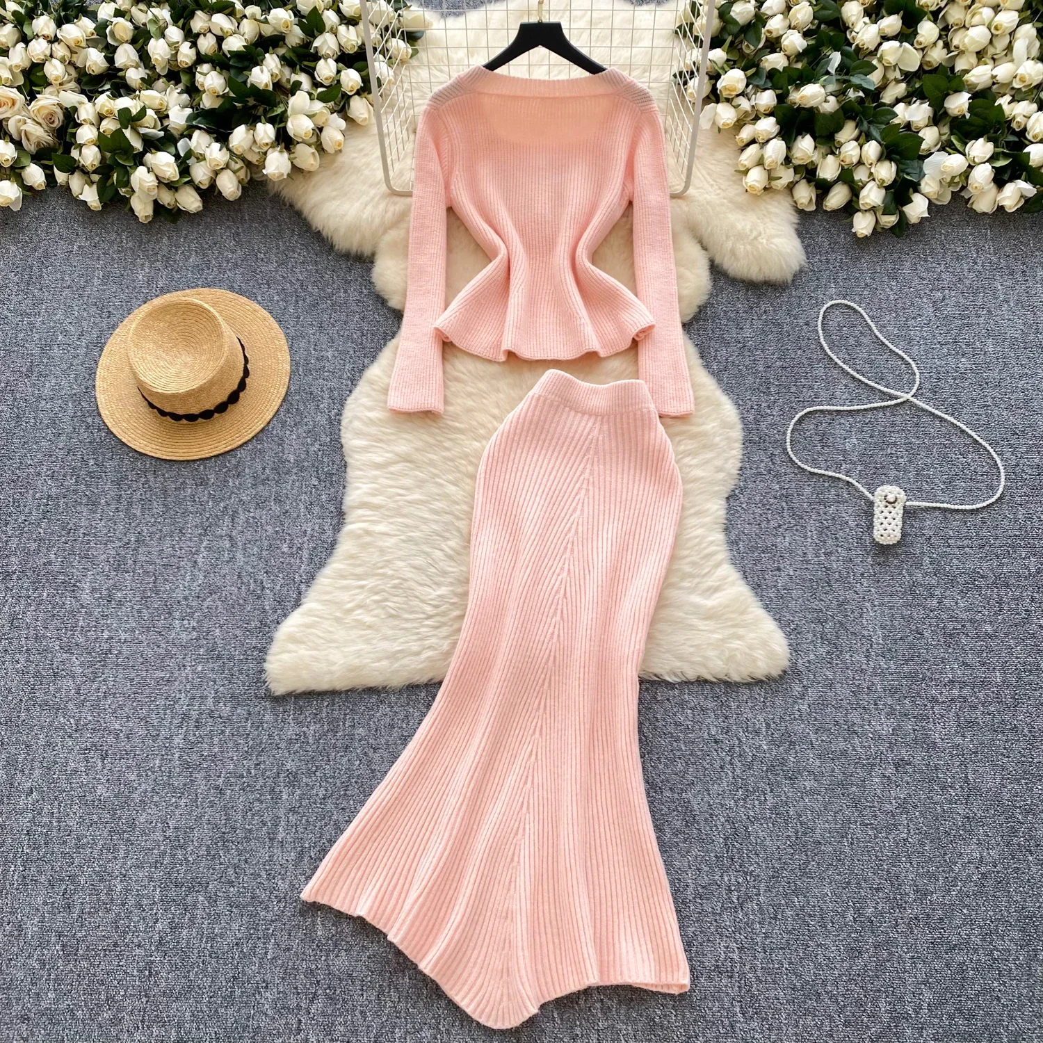 Chic Knit Women Two-Piece Sets Vintage Square Collar Single Breasted Top High Waist Mermaid Skirt Korean High Street Clothing