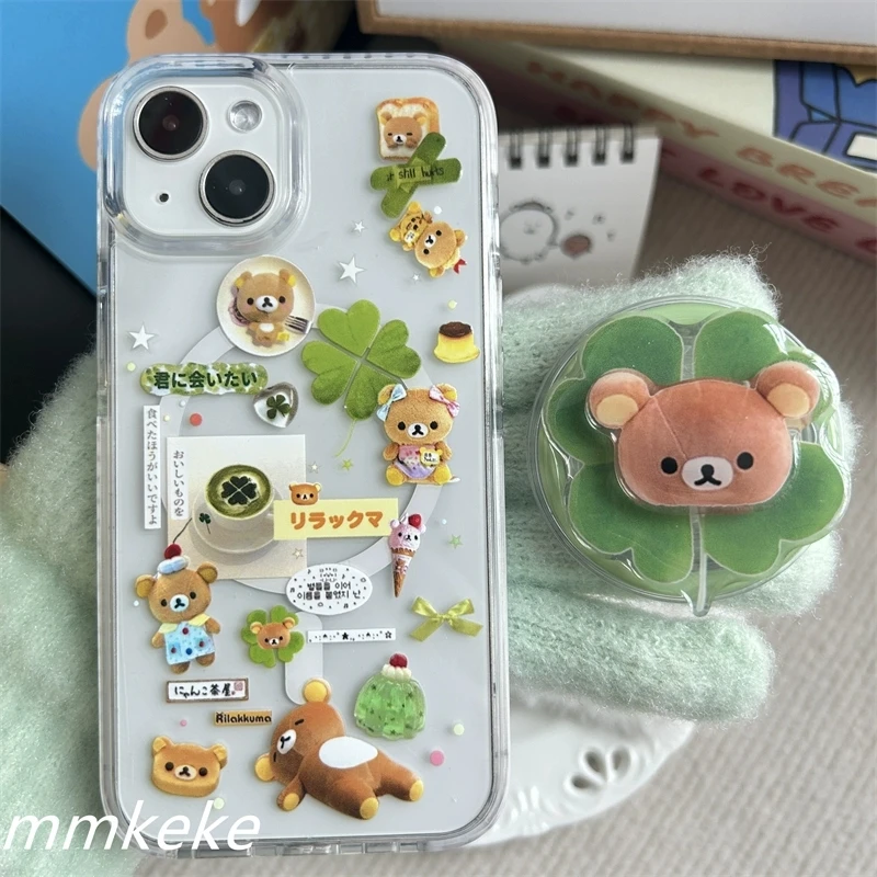 Rilakkuma trébol de cuatro hojas para funda de teléfono Magsafe magnética para iPhone 16 15 14 13 12 11 Pro Max 16E MINI PLUS Y2K Kawaii
