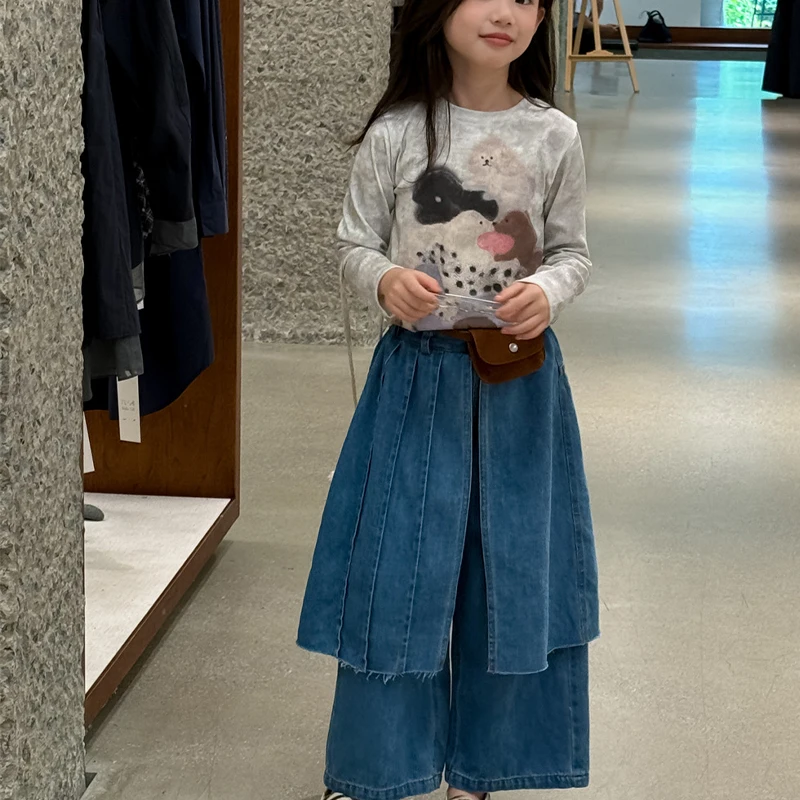 

Girl Pants Autumn Winter New Kawaii Children's Clothing Fake Two Piece Set Jeans Loose Fashion Leisure Kids Girl Clothes