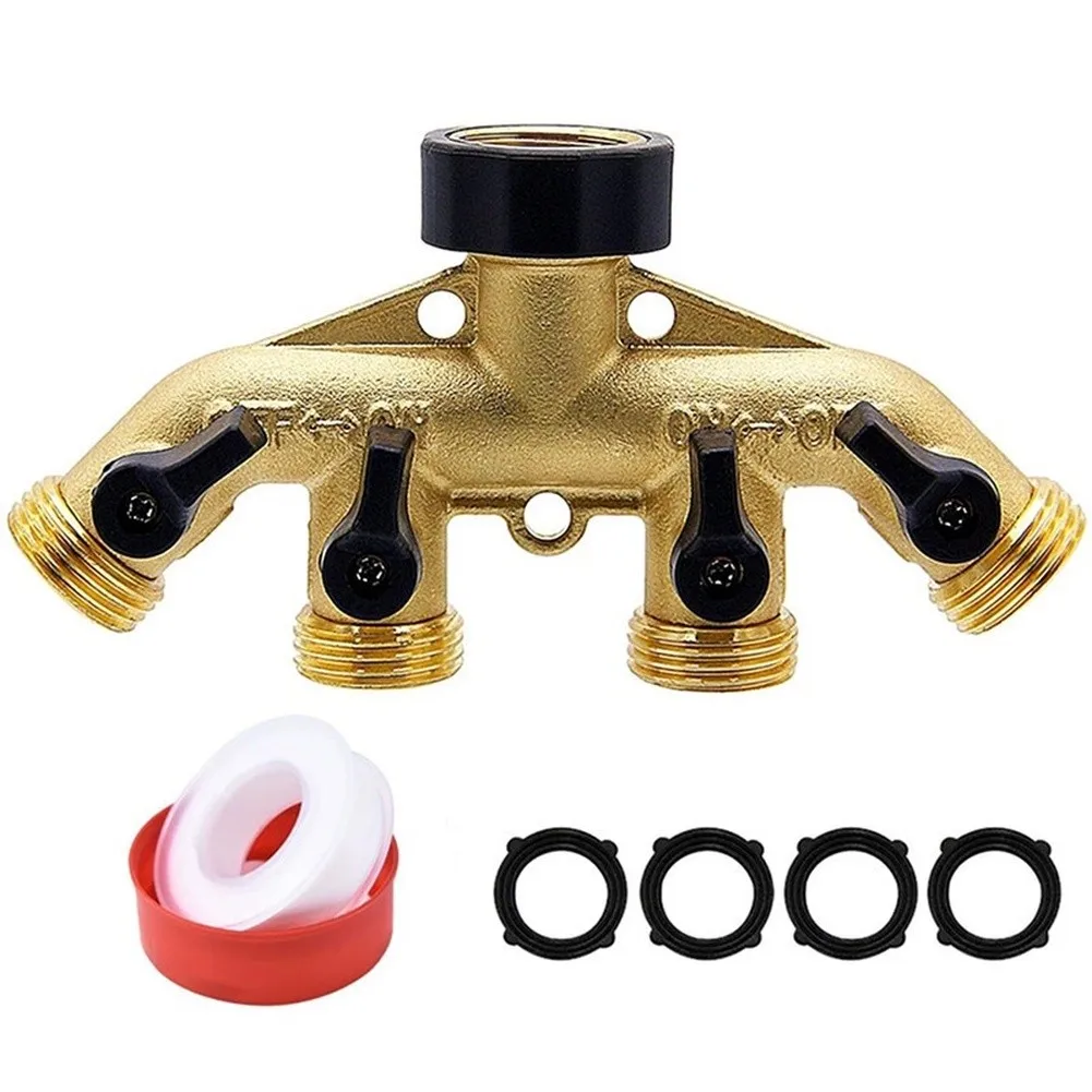 Brass Four Way Water Hose Splitter Valve Kit With Sealing Rings For Garden Irrigation System Outdoor Faucet Adapter Connector