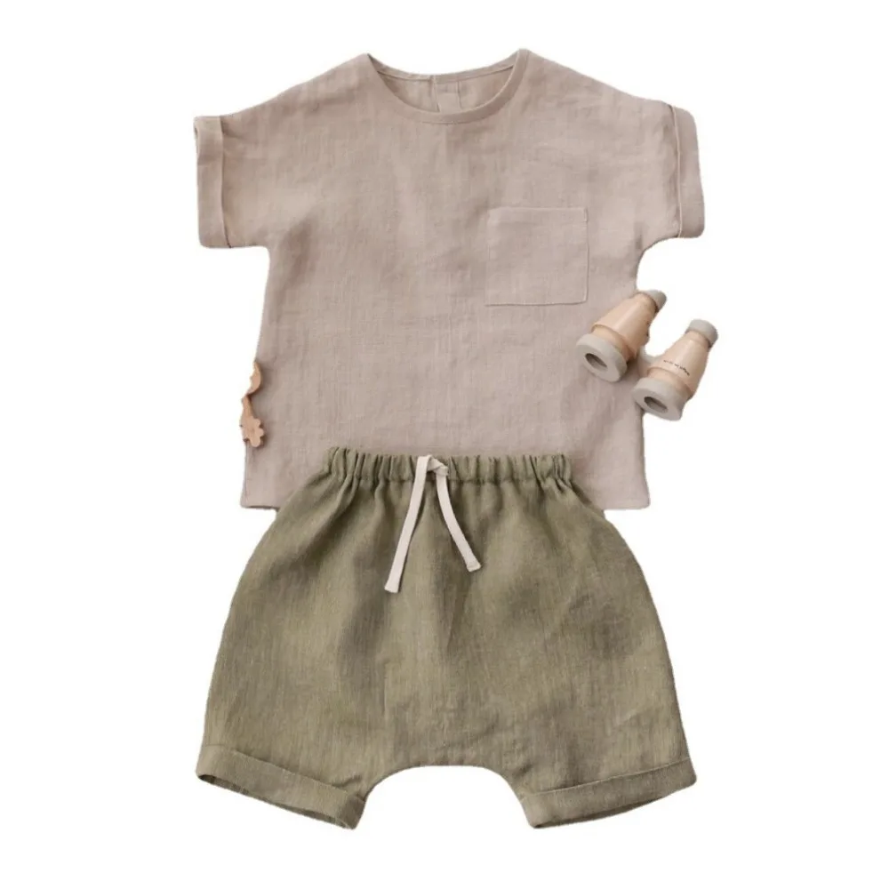 Summer Children Boy Shorts Sets Short Sleeve Linen Shirt and Half Harem Pants Suits for Kids Toddler Boys Clothing Sets