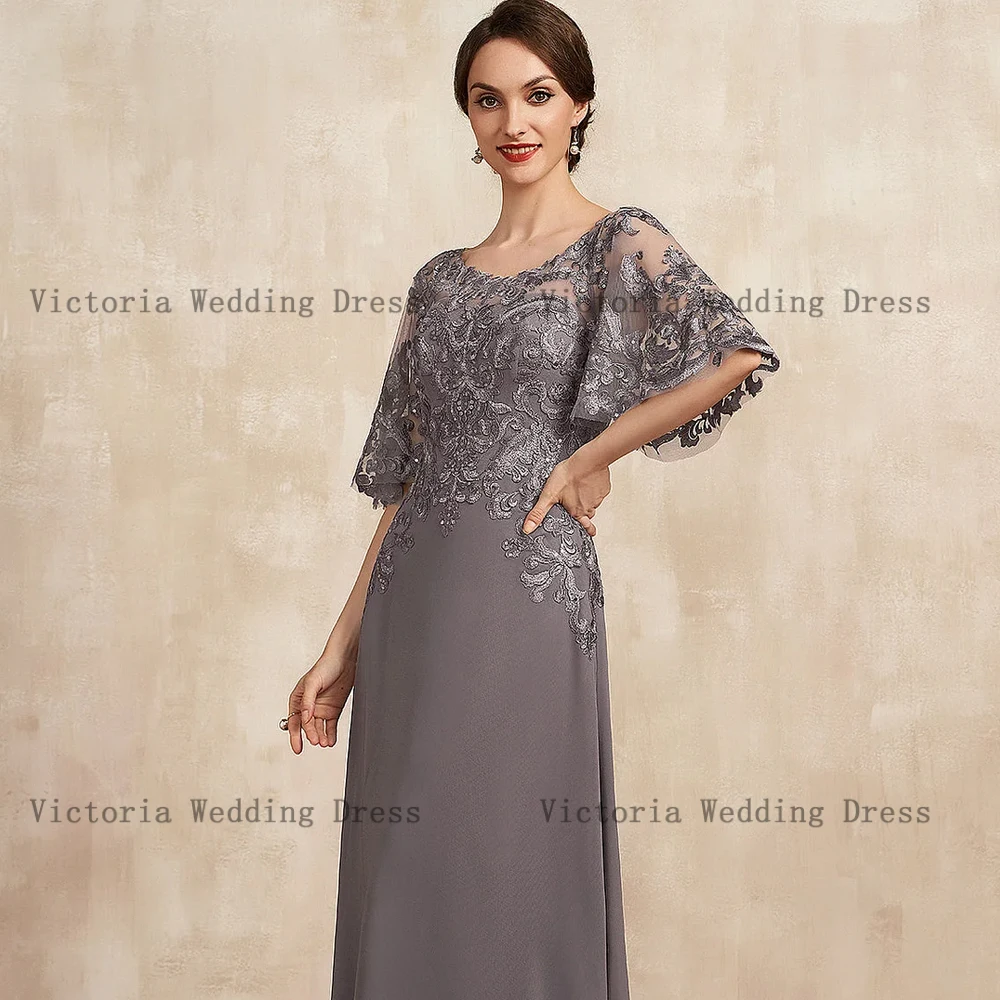 Elegantes Vestidos De Chiffon A Linha Para A Mãe Da Noiva, O Neck Flare Sleeves, Vestidos De Festa De Casamento, Apliques Até O Chão