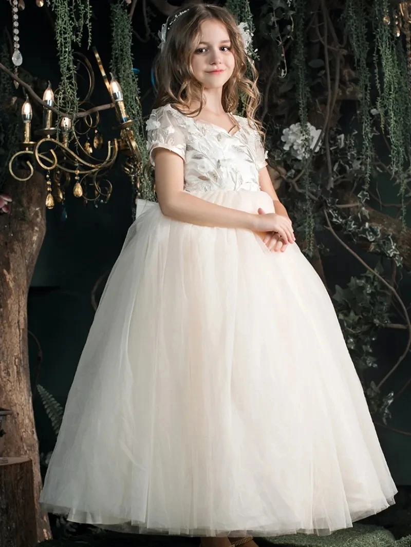 Little Bride Flower Girl Dresses V Neck Lace Appliques Short Sleeve Bow Back Pageant Dress Custom Made Ankle Length Kids 2024