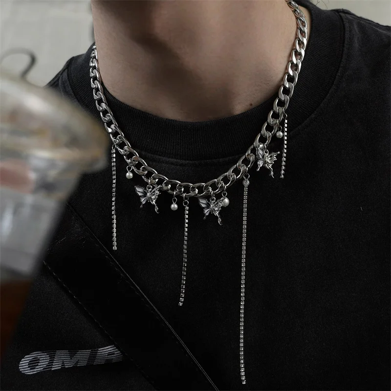 Butterfly Pearl Zircon Tassel Pendant Cuban necklace for Men&Women Fashion Hip-Hop Sweet Cool Titanium Steel Collarbone Chain