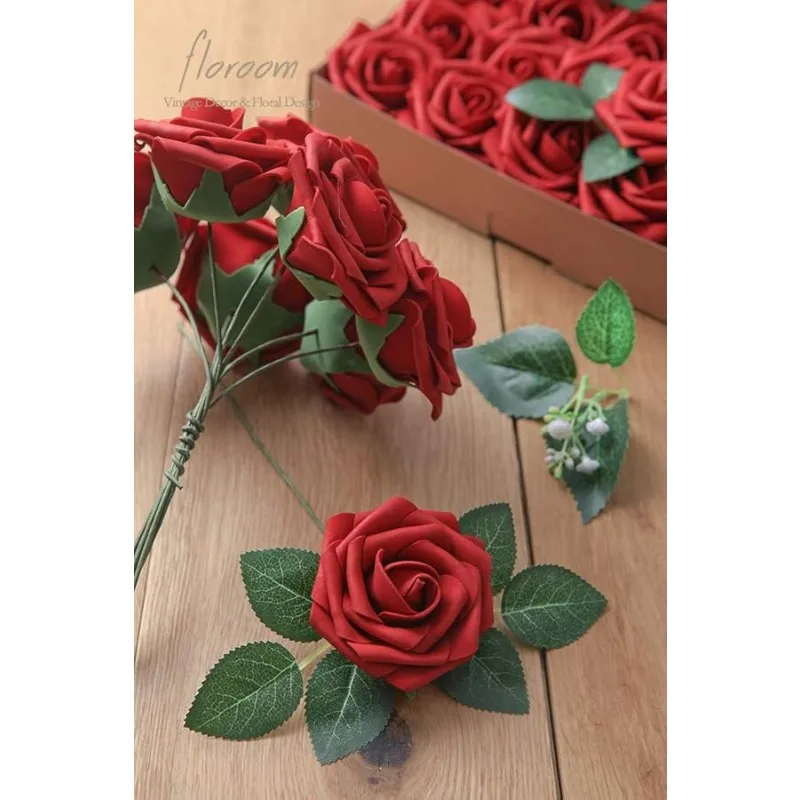 Künstliche Blumen, 50 Stück, echt aussehende dunkelrote Schaumstoff-Kunstrosen mit Stielen für selbstgemachte Hochzeitssträuße, Brautparty-Mittelstücke, Fl