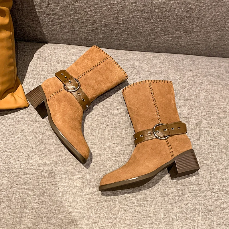 

Soft Leather Fashion Short Boots Women's Mid-heel Autumn New Versatile Thick Heel Retro British Mid-tube Western Denim Boots