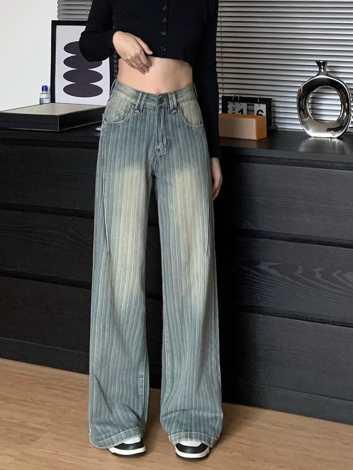 

Retro High Waist Straight Leg Denim Jeans Women's Loose Striped Design Versatile Narrow Wide Leg Long Pants Spring New Arrival
