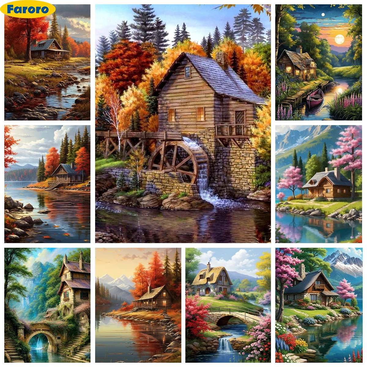 Country Cabin 5D Diamond Painting Kit Water Wheel Diy Diamond Embroidery Cross Stitch Pastoral Scenery Home Wall Decor Gifts