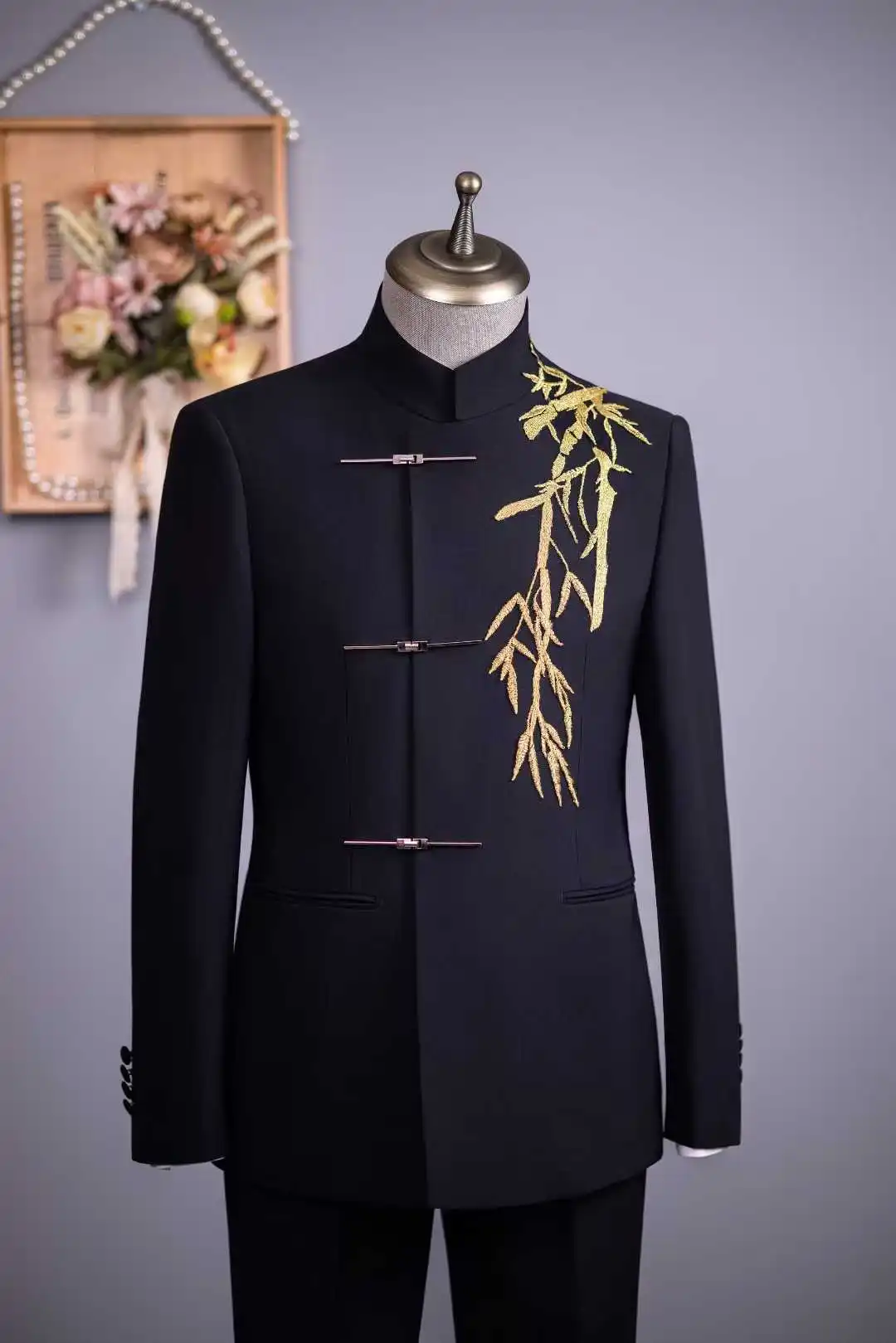 

New Chinese Style Men's Tuxedo with Lace Appliques 2pcs Blazer Pants Formal Party Wedding Groom Men's Suits