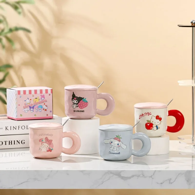 

Kawaii Hello Kitty Ceramic Cup MINISO Anime Kuromi Cinnamoroll Lovely Cartoon Mug Coffee Cup with Spoon and Lid Color Box New