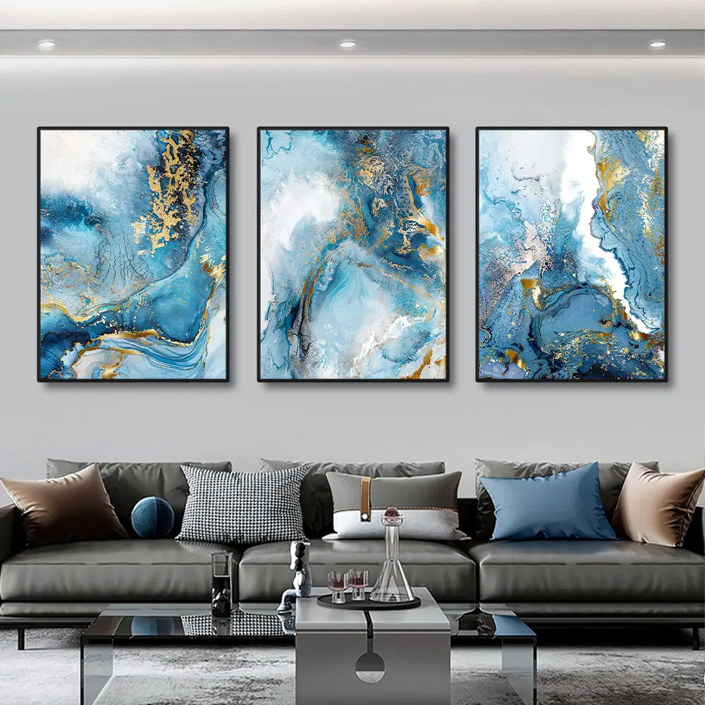 Frameless,3pcs Luxury Marble Texture Canvas Prints Blue And Gold. Natural Stone Color Material Pattern. Creative Art Paintings H