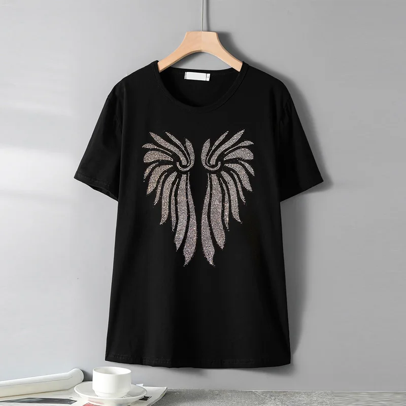 Summer Korean Short sleeve T-shirt women 2022 New fashion street style casual black loose Hot diamonds Round Neck lady tops