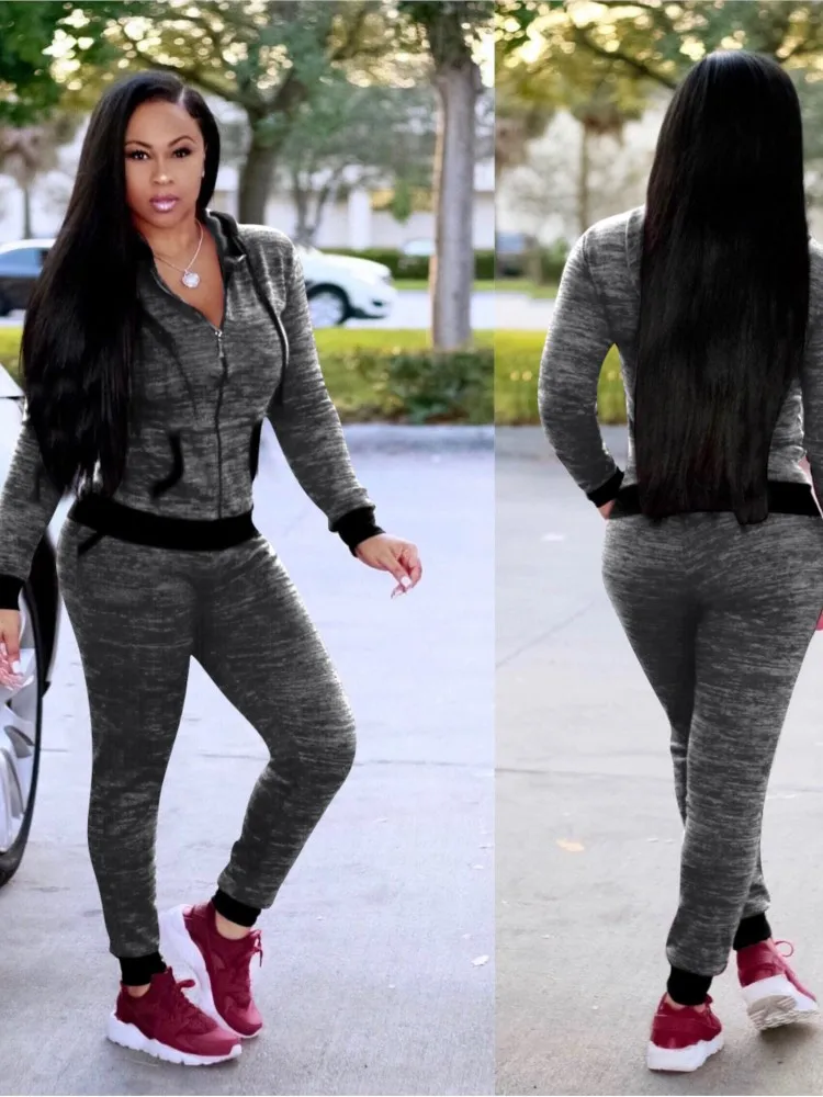 

Spring Autumn Women's New Fashion Zipper Solid Color Long Sleeve Sports Set Long Pants Two Piece Set