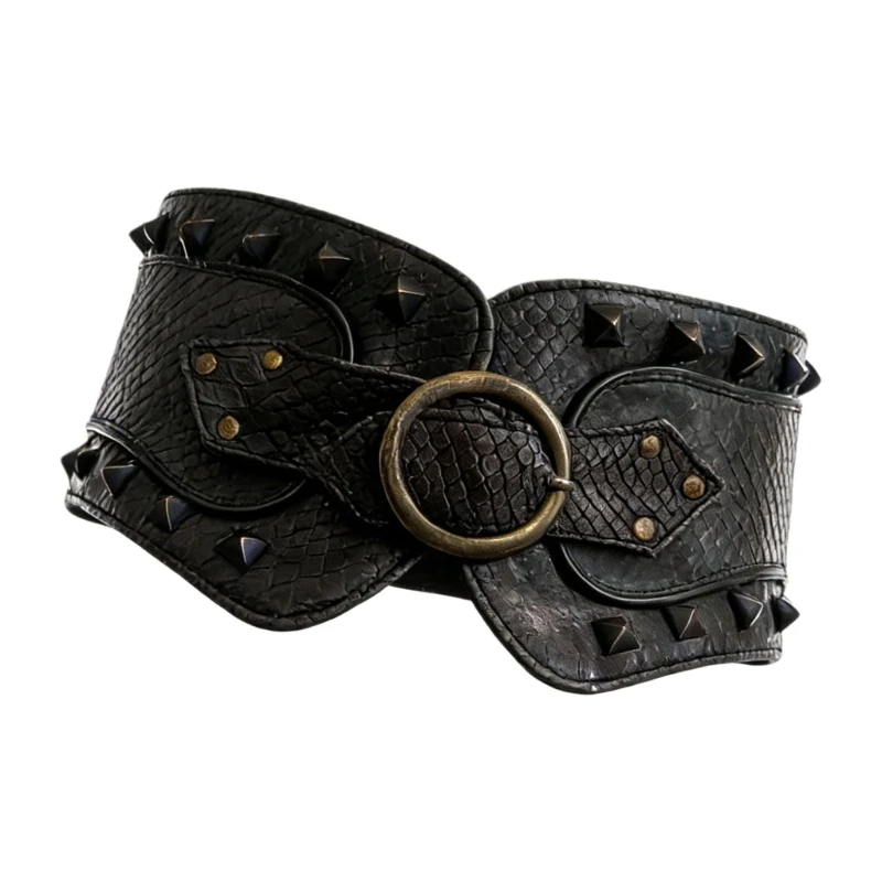  Dark Waist Cincher Belt with Double Buckles and Rivet Studs for Women Theme Party Corset Band for Music Festival