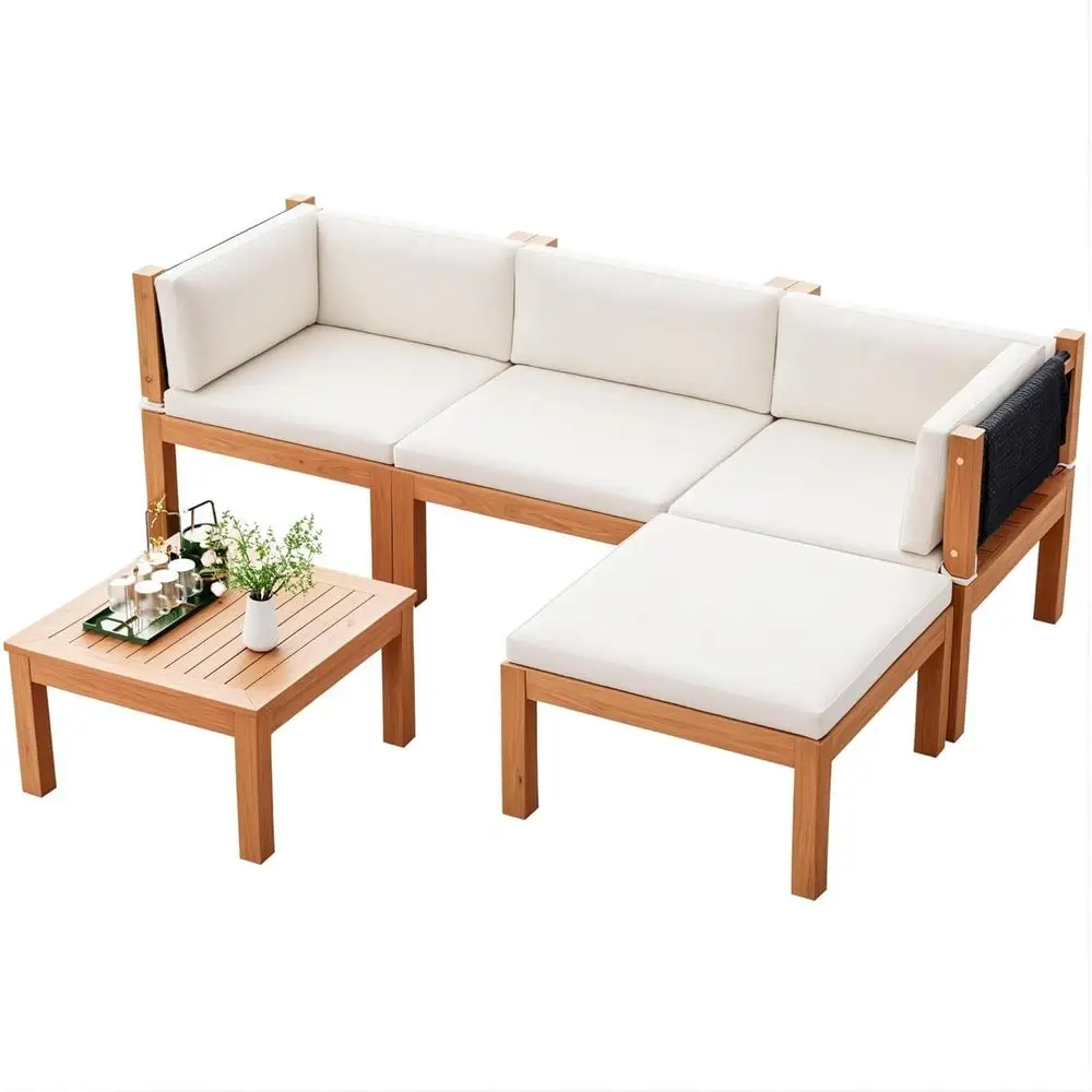 

5-Piece Outdoor Acacia Wood Sectional Sofa Set with Coffee Table and All-Weather Cushions