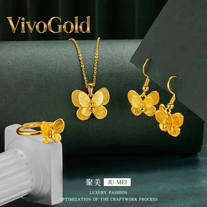 

VivoGold Luxury 24K 9999 Pure Gold real gold Brushed Double Butterfly Pendant Three-dimensional Pendant Necklace
