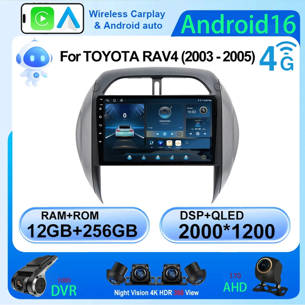 LJZN Android 16 All In One Car Radio Multimedia Player For TOYOTA RAV4 2003- 2005 GPS Navigation 4G Wifi Carplay Auto 2din