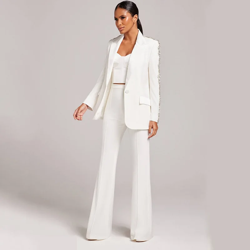 Unique Women's Suit Flash Party Office Business Heavy Industry Nail Beaded Diamond Slim Fit Suit Micro Rage Pants Set Two Pieces