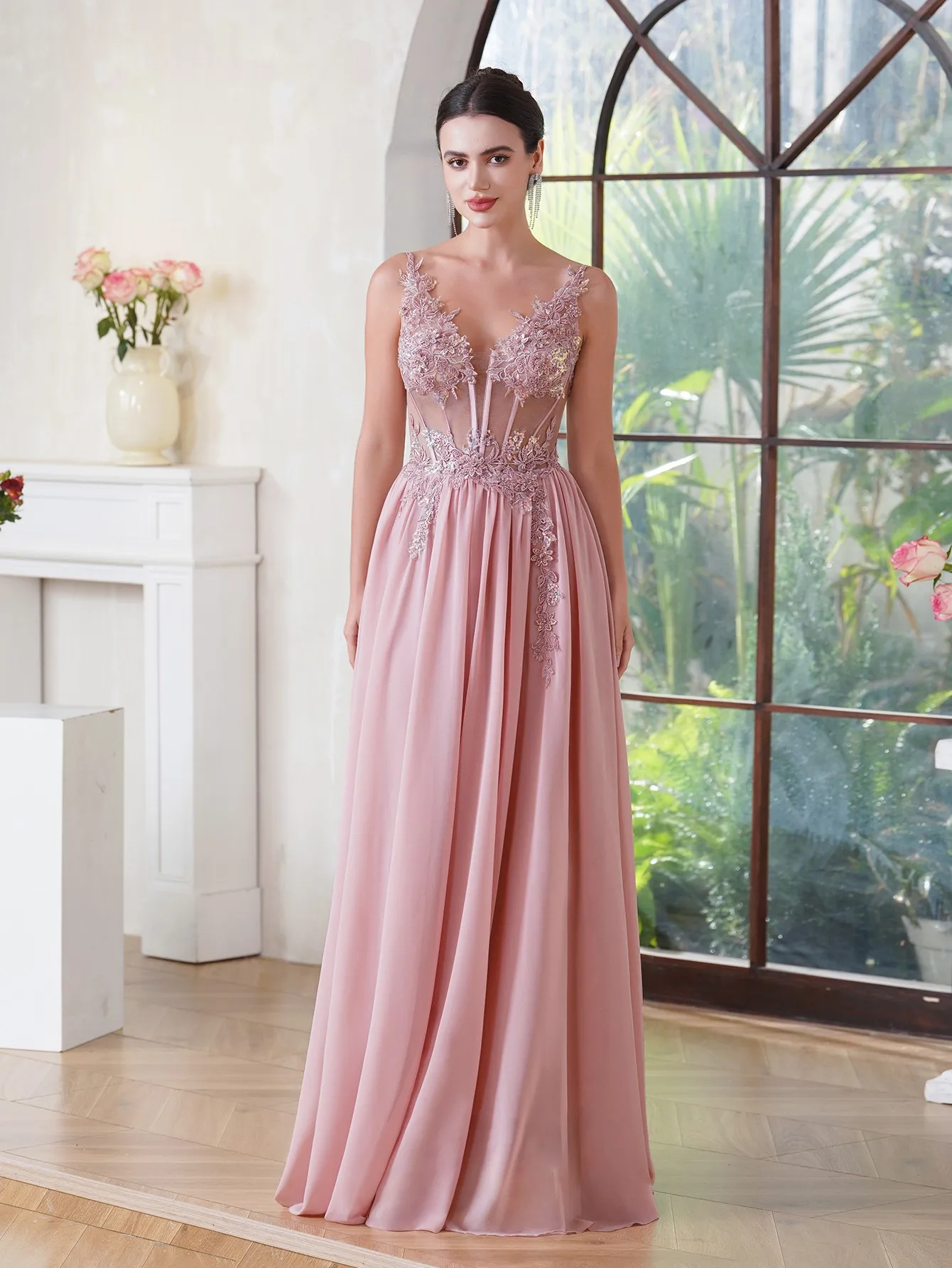 Elegant Dusty Pink Prom Dresses 2024 V Neck Beaded Appliques Illusion Spaghetti Strap Evening Gowns Formal Party Vestido De Gala