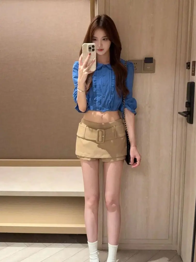 Early Autumn Elegant Women's Shirt Skirt Set Long Sleeve Wooden  Trim Slim Fit High Waist Bum Covering Fashionable Two Piece