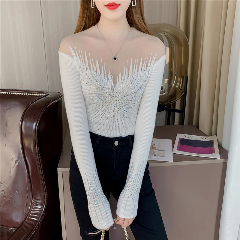 Ladies Mesh Stitching Nail Bead Pullover Sweater Women Clothing Girls  Autumn Casual Knitwear Female Woman OL Sweaters Py2616