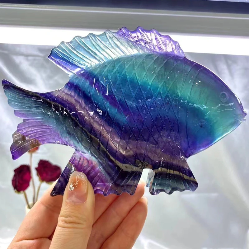 Stunning Rainbow Blue Fluorite Fish Carving Figurine Decor Healing Natural Quartz Crystal Gemstone Ocean Animal Totem Sculpture