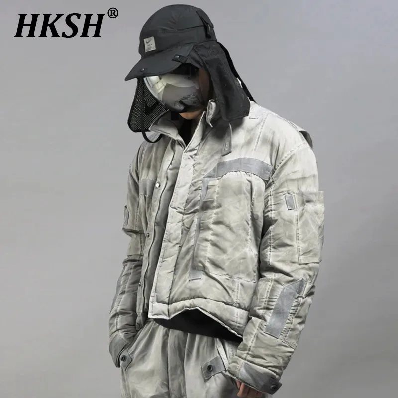 HKSH Men\'s Tide Autumn Winter New Waste Land Punk Cold Dyed Vintage Tactical Multi Pockets Cutting Short Down Cotton Coat HK1700