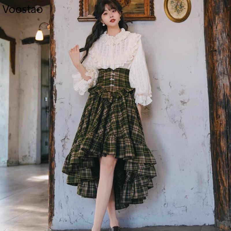 

Французский стиль, винтажный элегантный комплект из 2 предметов, женская милая кружевная рубашка с оборками, топы, тонкая клетчатая юбка, костюм, женская осенняя одежда в стиле ретро