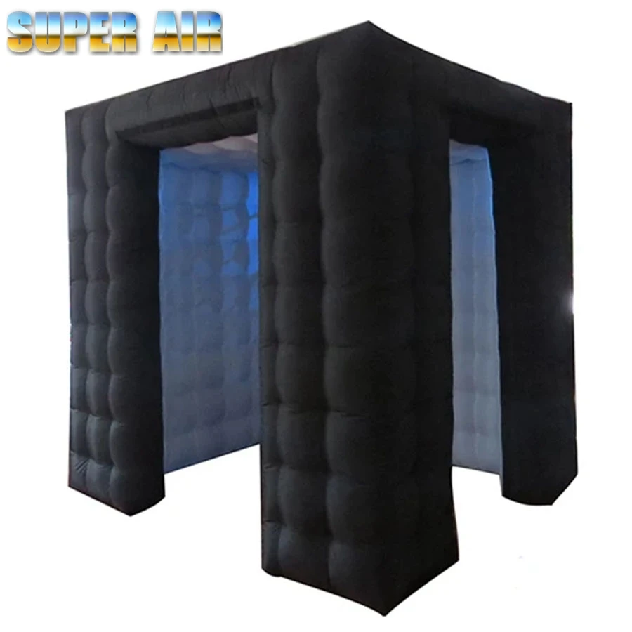 Customizable portable two-door black cuboid with LED lights inflatable photo booth for parties and events