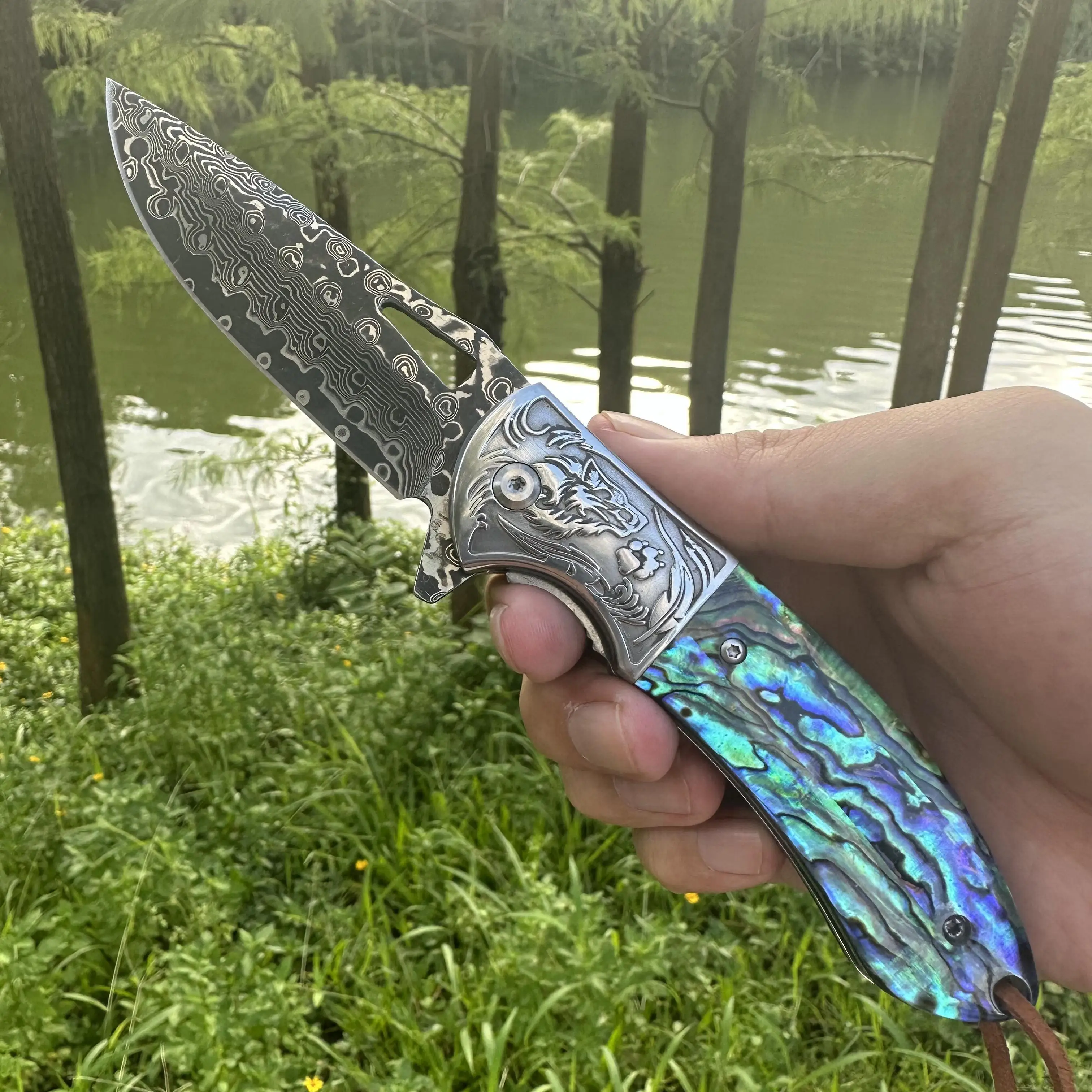 Steel Rose Handmade VG10 Damascus Folding Knife Abalone Shell Handle Ball Beaing Fast Opening Premium Quality Outdoor Men Gift