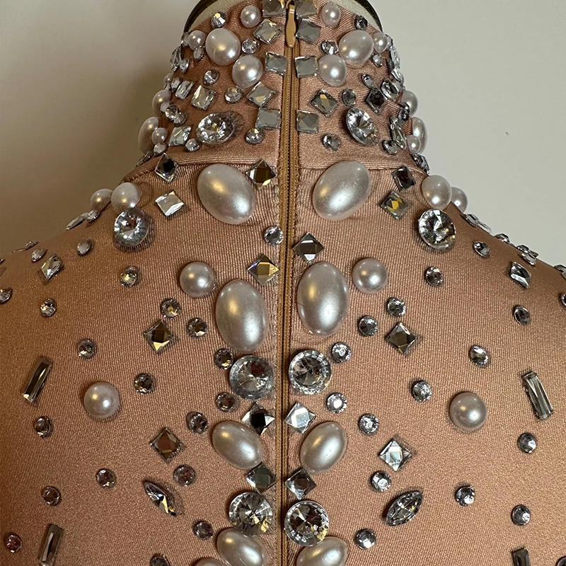 Mono Sexy de malla con diamantes para mujer, traje de actuación, Body ajustado para fiesta y Club, ropa transparente para escenario de baile con diamantes de imitación y perlas