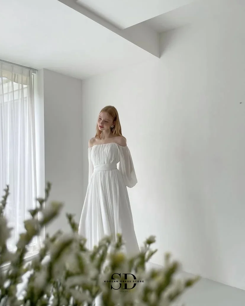 Zomer off-the-shoulder chiffon Koreaanse trouwjurken op maat gemaakte A-lijn pofmouwen bruiloft drukknoopjurk voor huwelijksreis