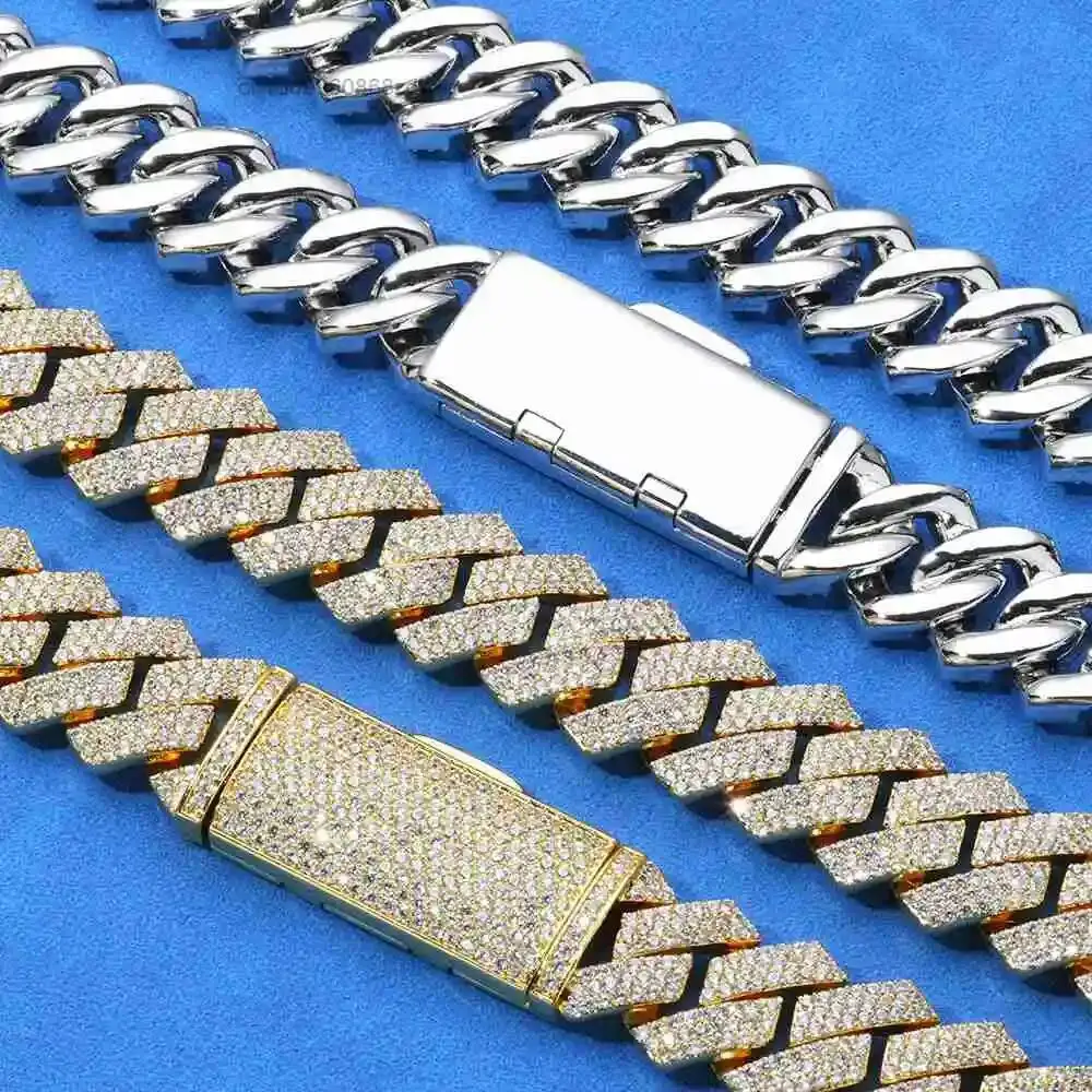 Fashion Three Rows Rose Gold Plated S925 Silver Moissanite Necklace for Men Hip Hop Rhombus Cuban Chain Style Third Party Certif