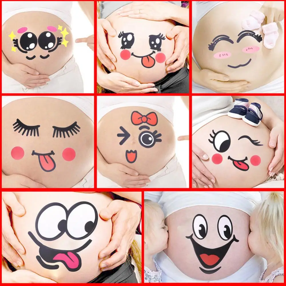 2Pcs Cute Cartoon Expression Pregnant Facial Stomach Belly Sticker Photo Prop