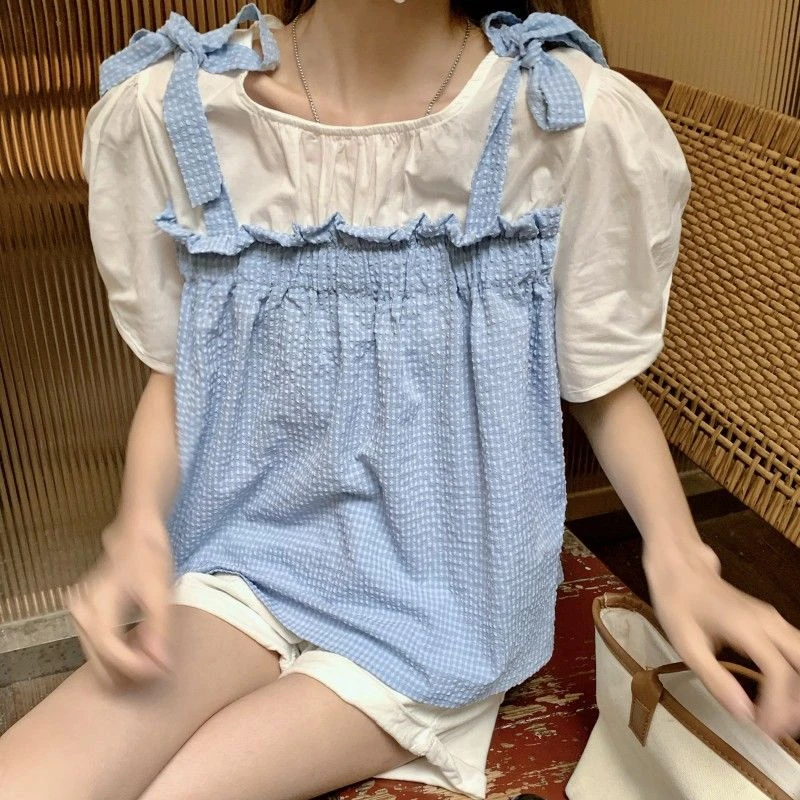

Женские рубашки с пышными рукавами и галстуком-бабочкой, лето 2022, милый укороченный топ из двух предметов, повседневная универсальная блузка в японском стиле
