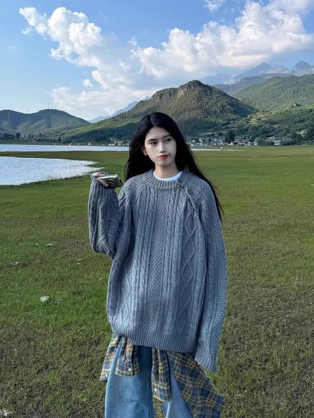 

American Retro Loose Knitted Sweater with Side Button for Women Autumn Winter Street Sle round Ne Casual Versatile Top