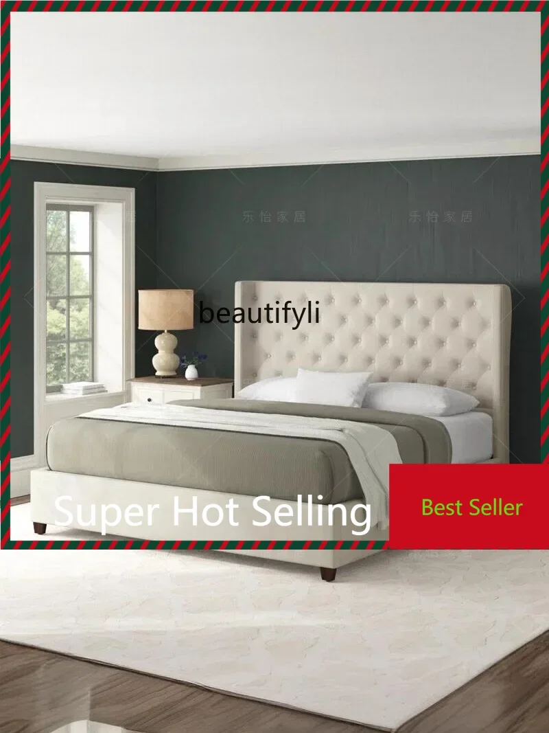 

A71 A44 American Retro Fabric Bed French Entry Lux Velvet Modern Simple Master Bedroom Bed Pull Buckle Soft Bag 1.8 M