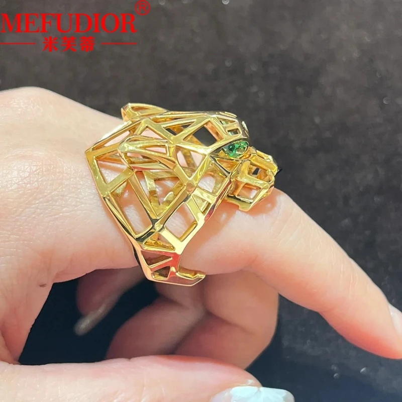 925 Sterling Silver Hollow Leopard Head Ring for Women Green Eyes White Gold Color Couple Bands High Quality Jewelry Party Gifts