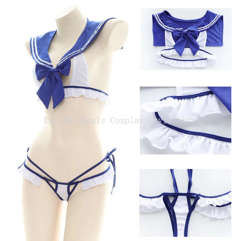 Traje de baño japonés Sexy para sirvienta, traje de marinero azul con lazo, ropa de dormir dividida, traje de baño para estudiantes de escuela, uniforme, lencería tentación