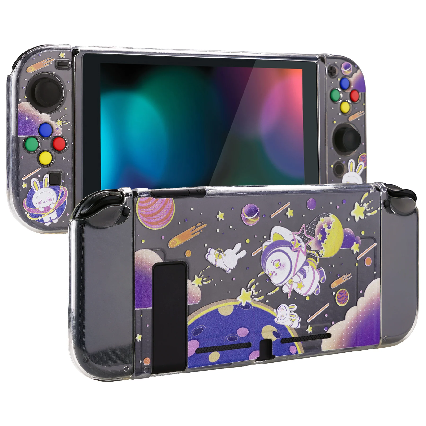 

PlayVital Transparent Soft TPU Slim Protective Shell for Nintendo Switch with ABXY Direction Button Caps - Space Cat Adventure