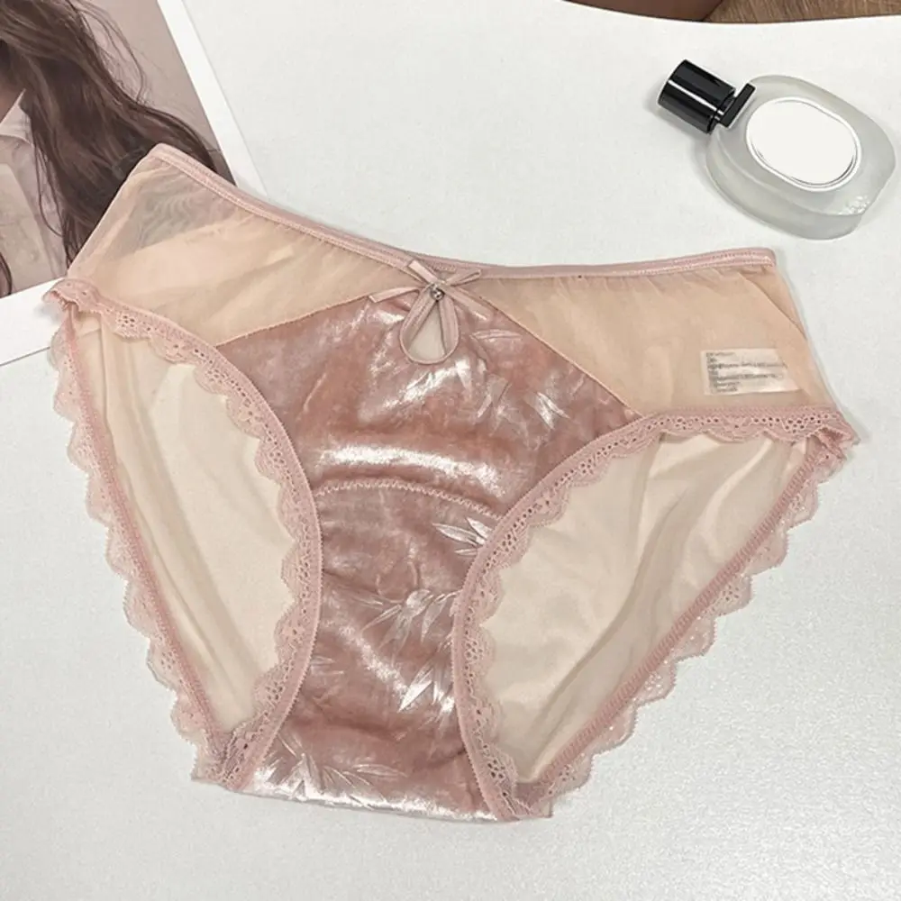 

Cotton Crotch Low Waist Lace Mesh Panties Chinese Style Transparent Seamless Briefs Velvet Bowknot Underwear for Women Girls