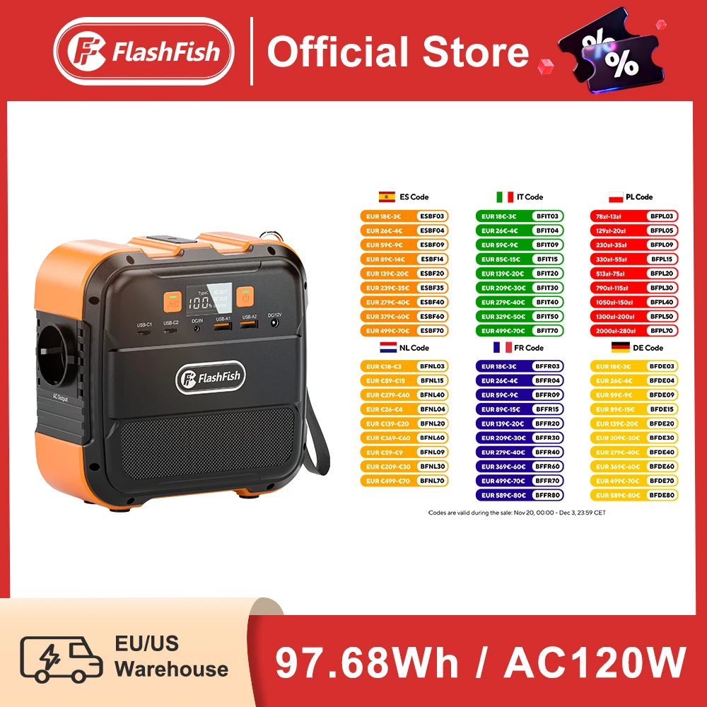 FF Flashfish 230V Mini Centrale Elettrica Portatile Ricaricabile 120W 97.68Wh Batteria Generatore Solare Power Bank Tipo-C per Aereo