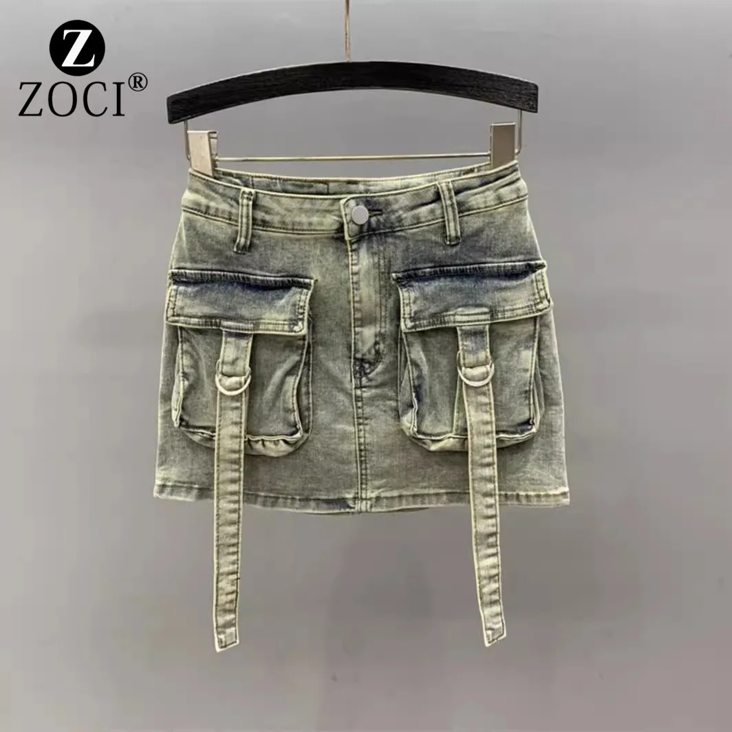 [ZOCI] Doing Old Workwear, Pocket Denim Skirt, 2024 Summer Hot Girl Elastic A-line Hip Hugging Short Skirt