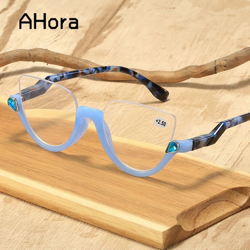 

Ahora Fashion Crystal Reading Glasses For Women Blocking Blue Light Half Frame Cat Eyes Presbyopic Eyeglasses +1.5+2.0+2.5+3.5