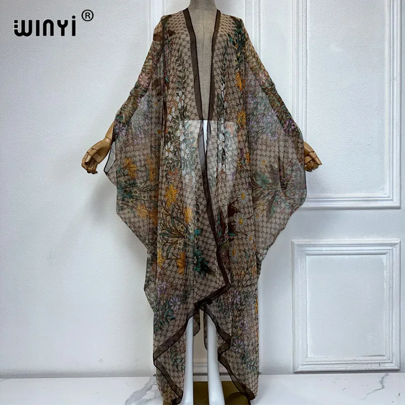 WINYI kimono letnia perspektywa seksowny kardigan sukienka plażowa maxi z nadrukiem Boho Kaftan osłona do bikini wakacyjną stroje plażowe dla kobiet