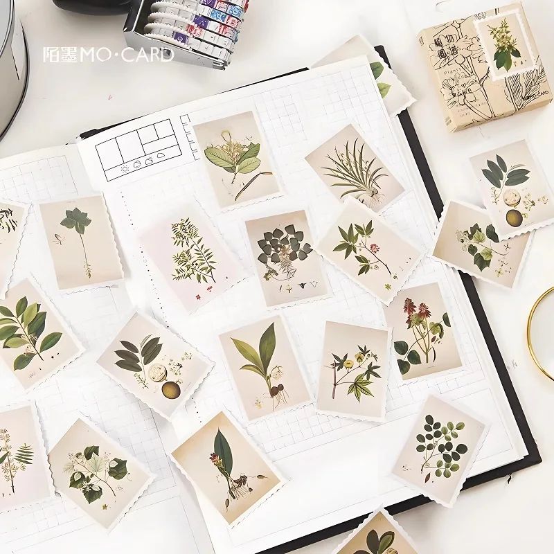 45PCS Vintage Plant Illustrated Boxed Stickers Botanical Leaf Flower Decorative Sticker Pack for Journal Scrapbooking