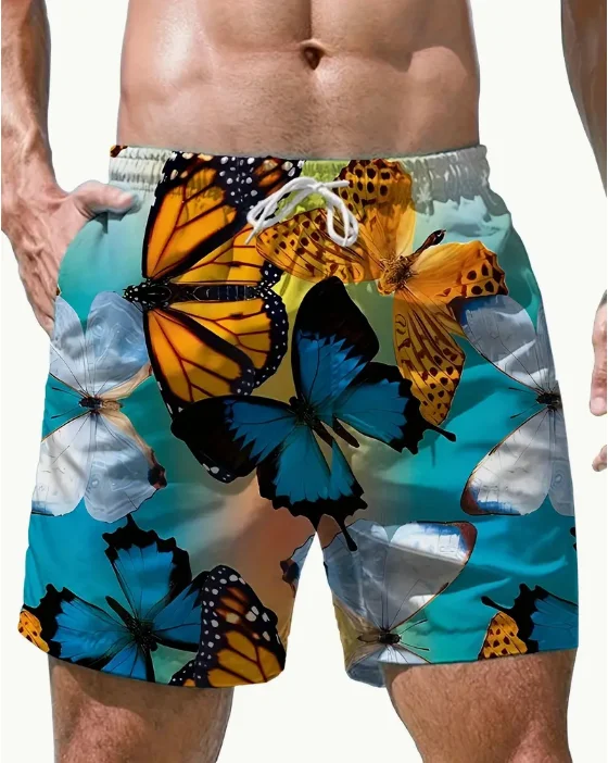 Shorts com estampa de folhas masculinas com bolsos, shorts casual com cordão para praia, verão, natação, surf, nova moda